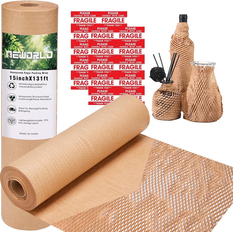 NEWorld Honeycomb Packing Paper,15" x 131' Eco Friendly Bubble Cushioning Wrap for Moving,Products & Gifts Wrapping Paper,Recyclable Cushioning Packing Material With 20 Fragile Sticker Labels - Image 1
